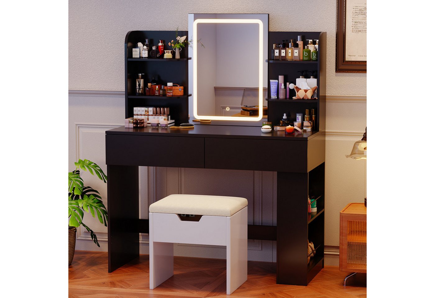 HOMALL Schminktisch mit Spiegel, LED-Beleuchtung, einstellbare Helligkeit, 2 Schubladen (L*B*H) 90*40*135 cm 8 offene Fächer (2 Seitenfächer können von links nach rechts umgestellt werden) 2 große Schubladen) von HOMALL