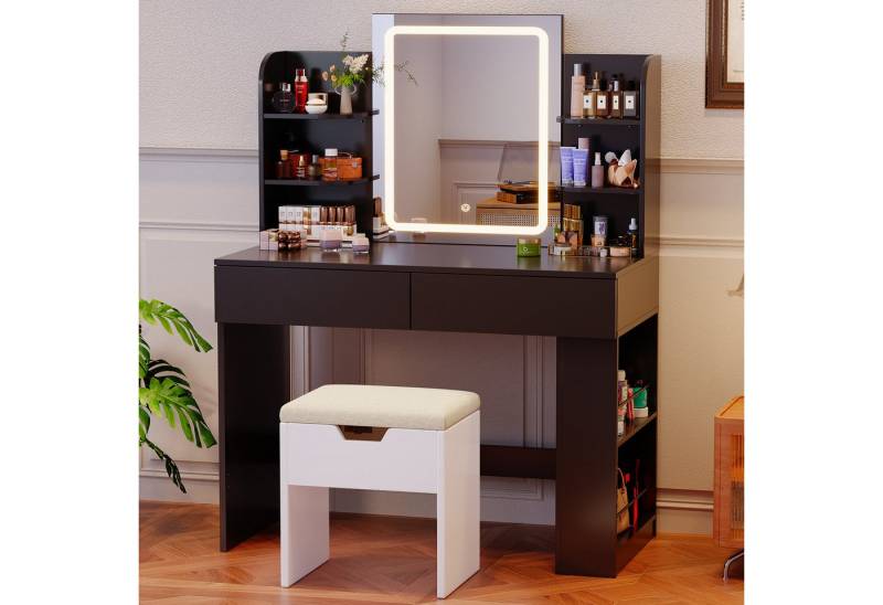 HOMALL Schminktisch mit Spiegel, LED-Beleuchtung, einstellbare Helligkeit, 2 Schubladen (L*B*H) 90*40*135 cm 8 offene Fächer (2 Seitenfächer können von links nach rechts umgestellt werden) 2 große Schubladen) von HOMALL