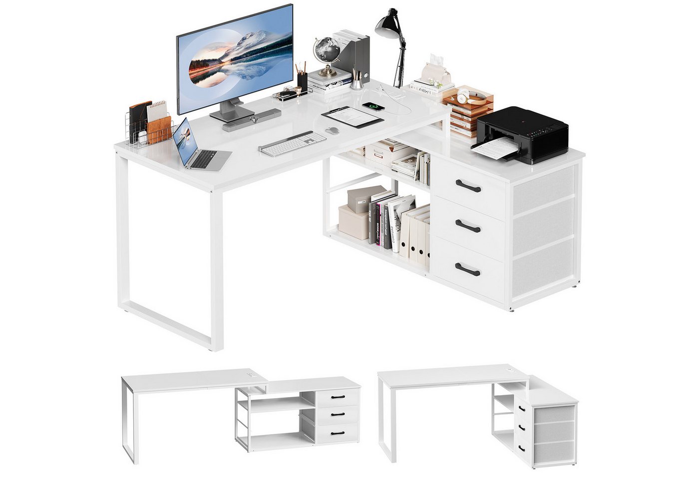 HOMALL Schreibtisch L-förmiger Eckschreibtisch mit USB-Anschluss und zwei Steckdosen. (Abmessungen: 140 x 105 x 75 cm, L-förmiger Schreibtisch Gamingtisch, umwandelbar in einen I-förmigen Schreibtisch, mit 3 Schubladen und 2 Fächern) HOMALL Schreibtisch L-förmiger Eckschreibtisch mit USB-Anschluss und zwei Steckdosen. (Abmessungen: 140 x 105 x 75 cm, L-förmiger Schreibtisch Gamingtisch, umwandelbar in einen I-förmigen Schreibtisch, mit 3 Schubladen und 2 Fächern) von HOMALL