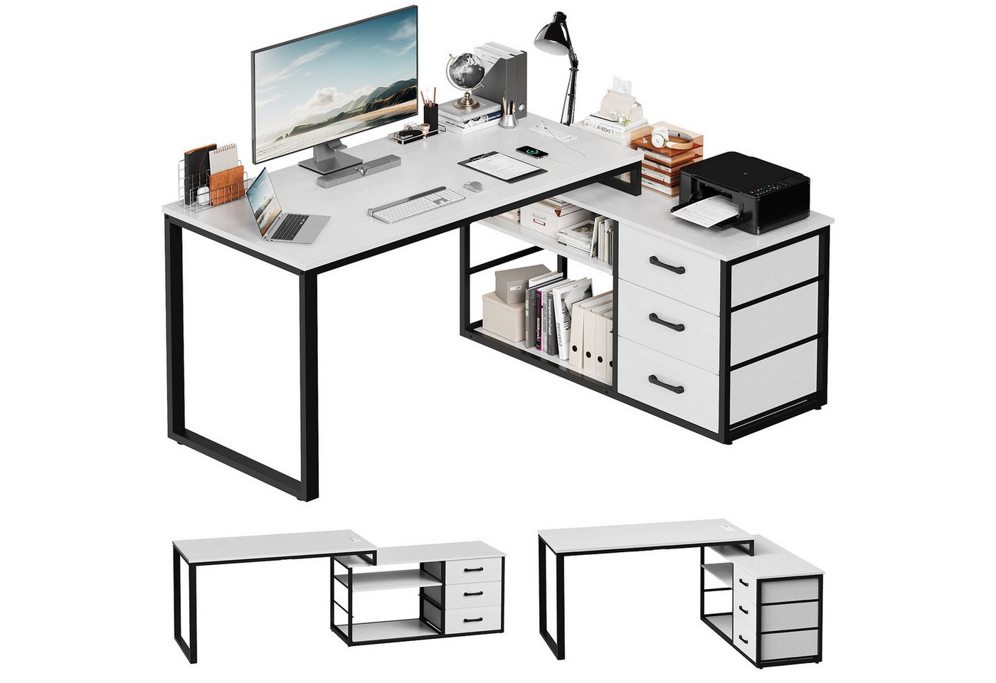 HOMALL Schreibtisch L-förmiger Eckschreibtisch mit USB-Anschluss und zwei Steckdosen. (Abmessungen: 140 x 105 x 75 cm, L-förmiger Schreibtisch Gamingtisch, umwandelbar in einen I-förmigen Schreibtisch, mit 3 Schubladen und 2 Fächern) HOMALL Schreibtisch L-förmiger Eckschreibtisch mit USB-Anschluss und zwei Steckdosen. (Abmessungen: 140 x 105 x 75 cm, L-förmiger Schreibtisch Gamingtisch, umwandelbar in einen I-förmigen Schreibtisch, mit 3 Schubladen und 2 Fächern) von HOMALL