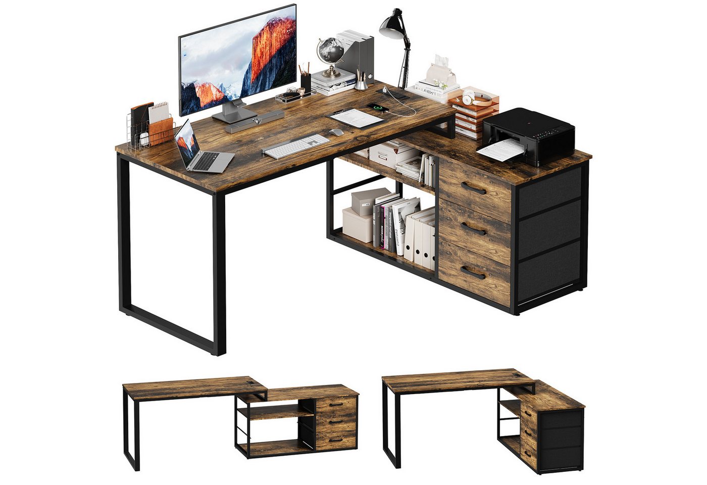 HOMALL Schreibtisch L-förmiger Eckschreibtisch mit USB-Anschluss und zwei Steckdosen. (Abmessungen: 140 x 105 x 75 cm, L-förmiger Schreibtisch Gamingtisch, umwandelbar in einen I-förmigen Schreibtisch, mit 3 Schubladen und 2 Fächern) von HOMALL