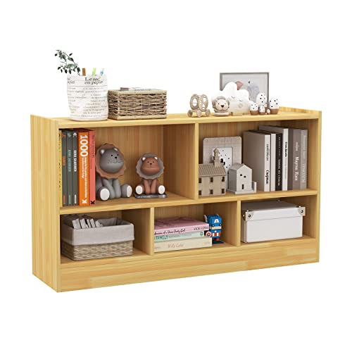 HOMASIS 2-stöckig Spielzeugschrank mit 5 Fächern, Kinderregal Bücherregal aus Holz, offen Aufbewahrungsregal Spielzeugregal für Kinderzimmer Spielzimmer Schlafzimmer, 111 x 30 x 61,5 cm (Hell Natur) von HOMASIS