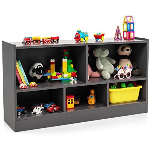 HOMASIS 2-stöckig Spielzeugschrank mit 5 Fächern, Kinderregal Bücherregal aus Holz, offen Aufbewahrungsregal Spielzeugregal für Kinderzimmer Spielzimmer Schlafzimmer, 111 x 30 x 61,5 cm (Dunkel Grau) von HOMASIS