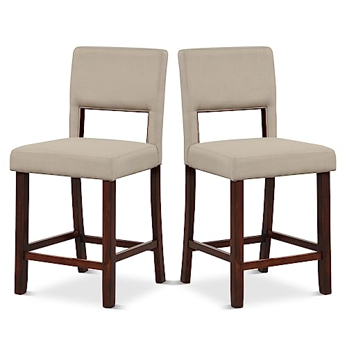 HOMASIS 2er Set Barhocker, gepolsterter Barstuhl mit Rückenlehne, Küchenhocker mit Fußstütze, Küchenstuhl aus Massivholz, Sitzhöhe 62 cm für Restaurant Esszimmer Küche (Beige) von HOMASIS