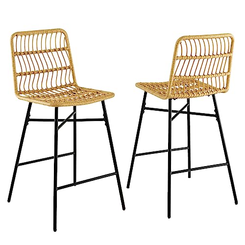 HOMASIS 2er Set Barhocker aus Rattan mit robustem Metallgestell, Barstühle mit Rückenlehne und Fußstütze, Moderne Küchenstühle für Bar, Restaurant & Bistro, 49 x 56 x 104 cm, Natur von HOMASIS