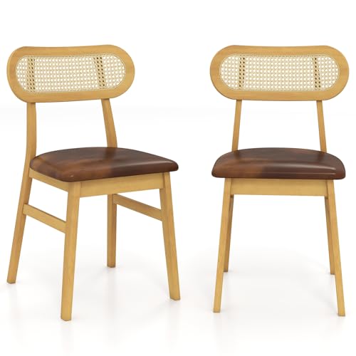 HOMASIS 2er Set Esszimmerstuhl gepolstert, Küchenstuhl mit Rattan Rückenlehne, Polsterstuhl aus PU-Leder, Massivholzbeine 180 kg belastbar, Holzstuhl für Esszimmer Küche Wohnzimmer (Braun) von HOMASIS