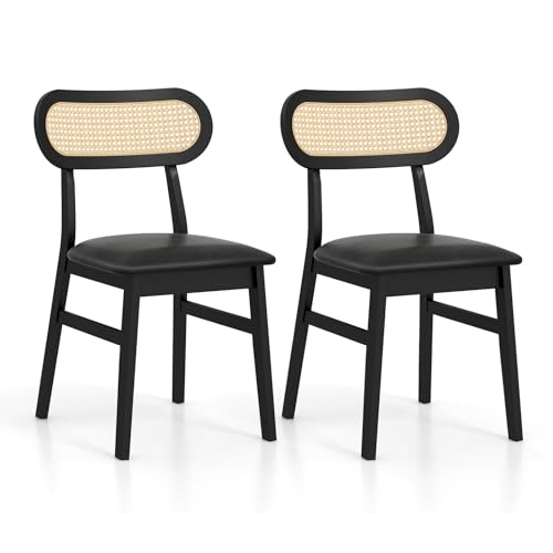 HOMASIS 2er Set Esszimmerstuhl gepolstert, Küchenstuhl mit Rattan Rückenlehne, Polsterstuhl aus PU-Leder, Massivholzbeine 180 kg belastbar, Holzstuhl für Esszimmer Küche Wohnzimmer (Schwarz) von HOMASIS