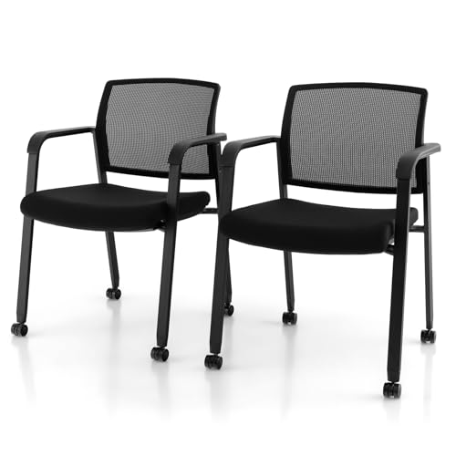 HOMASIS 2er Set Konferenzstuhl mit Rollen, stapelbarer Besucherstuhl mit Mesh, ergonomischer Bürostuhl mit Rückenlehne, Stapelstuhle für Büro Konferenz Wartezimmer, Schwarz (mit Armlehnen) von HOMASIS