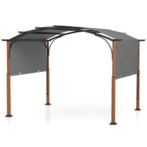 HOMASIS 3,6 x 3 m Pergola gewölbt, Gartenpavillon mit einziehbarer Überdachung, Paviilon mit Sonnenschutz, Gazebo mit Metallrahmen für Garten Hinterhof & Veranda (Grau) von HOMASIS