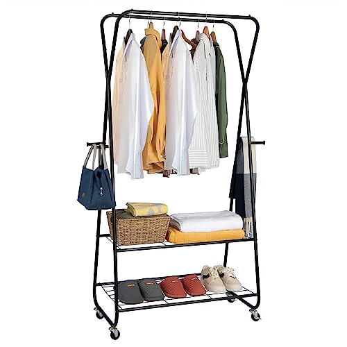 HOMASIS 3 in 1 Kleiderständer aus Metall, Garderobenständer mit 2 Ablagen & Rädern, stabile Doppelstange mit 4 Haken, Rollgarderobe für Kleidung Schuhe, für Schlafzimmer, Balkon, 86x45x170cm, Schwarz von HOMASIS