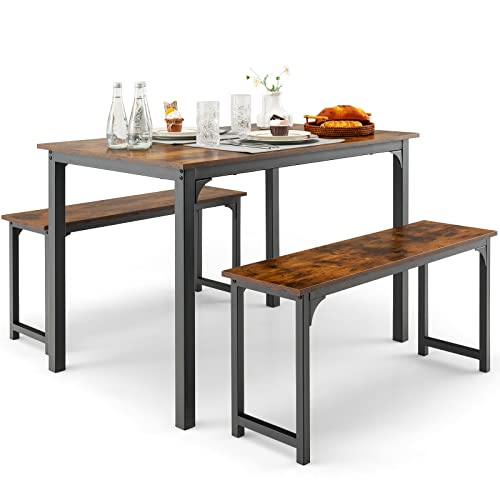 HOMASIS 3-teilige Essgruppe, Esszimmertisch mit Stühle für 4 Personen, Sitzgruppe mit 2 Bänken aus Holz & Metall, Esstisch-Set im Industriestill, Küchenmöbel für Esszimmer, 110 x 70 x 75 cm (Braun) von HOMASIS