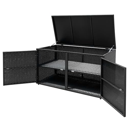 HOMASIS 335L Auflagenbox Wetterfest Outdoor, PE-Rattan Aufbewahrungsbox mit Deckel & Doppeltüren & Ablage, 2-stöckiger Gartenschrank Kissenbox Gartentruhe Gartenbox für Balkon, 115x60x65cm (Schwarz) von HOMASIS