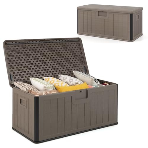 HOMASIS 378L Auflagenbox mit Rollen, XXL Gartenbox aus HDPE wetterfest, abschließbar Aufbewahrungsbox mit Deckel, Kissenbox Kissentruhe Auflagentruhe Gartentruhe, 130 x 64 x 59 cm (Braun) von HOMASIS