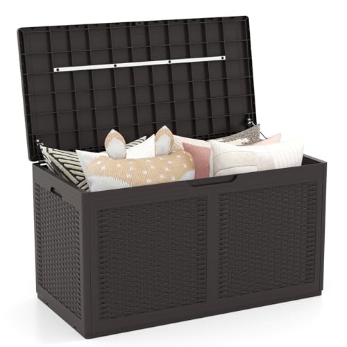 HOMASIS 380L Auflagenbox mit Rollen, XXL Gartenbox aus PP-Rattan wetterfest, abschließbar Aufbewahrungsbox mit Deckel, Kissenbox Kissentruhe Auflagentruhe Gartentruhe, 111 x 56 x 61 cm (Braun) von HOMASIS