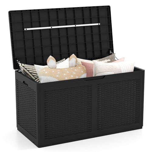 HOMASIS 380L Auflagenbox mit Rollen, XXL Gartenbox aus PP-Rattan wetterfest, abschließbar Aufbewahrungsbox mit Deckel, Kissenbox Kissentruhe Auflagentruhe Gartentruhe, 111 x 56 x 61 cm (Schwarz) von HOMASIS