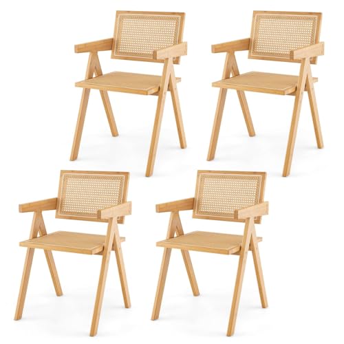 HOMASIS 4/2er Set Esszimmerstuhl, Küchenstuhl mit Armlehnen & Rückenlehne, Akzentstuhl aus Bambus im Rattan, belastbar bis 150 kg, Rattanstuhl für Esszimmer Küche Wohnzimmer, Natur (4) von HOMASIS