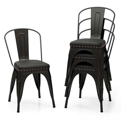 HOMASIS 4 Esszimmerstühle, stapelbar, Küchenstuhl im Industriestil mit Metallrahmen, abnehmbare Rückenlehne, gepolstertes Sitzkissen für Café, Bistro, Belastung 150 kg (schwarz) von HOMASIS