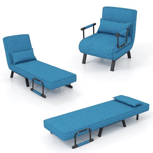 HOMASIS 4 in 1 Schlafsessel mit Bettfunktion, klappbares Schlafsofa mit Armlehnen, Klappsessel mit Verstellbarer Rückenlehne & abnehmbarem Kissen, Bettsessel Sofabett bis 150kg belastbar (Blau) von HOMASIS