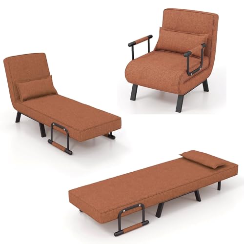 HOMASIS 4 in 1 Schlafsessel mit Bettfunktion, klappbares Schlafsofa mit Armlehnen, Klappsessel mit Verstellbarer Rückenlehne & abnehmbarem Kissen, Bettsessel Sofabett bis 150kg belastbar (Braun) von HOMASIS