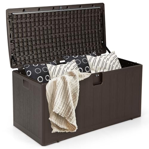 HOMASIS 400L Auflagenbox wetterfest, XXL Gartenbox aus HDPE, abschließbar Aufbewahrungsbox mit Deckel & Griff, Kissenbox Kissentruhe Auflagentruhe Gartentruhe Terrassenbox Outdoor, 128x62x64cm, Braun von HOMASIS