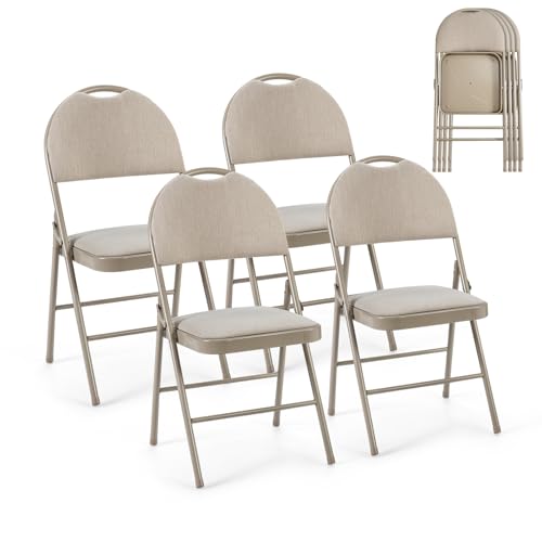HOMASIS 4er Set Klappstühle, Küchenstuhl mit Rückenlehne & Griff, gepolsterter Gästestuhl mit Metallrahmen, Faltstuhl bis zu 120 kg belastbar, Konferenzstuhl für Esszimmer Wohnzimmer Büro (Beige) von HOMASIS