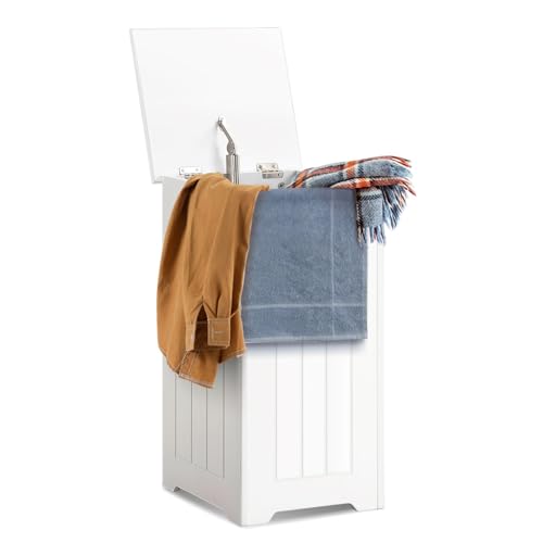 HOMASIS 35L Wäschekorb mit Deckel, Wäschesammler Wäschetruhe Holz, Wäschebox Waschkübel Wäschschrank laundry baskets, Wäschesortierer Badschrank für Badezimmer, Schlafzimmer, 30 x 30 x 61 cm, Weiß von HOMASIS