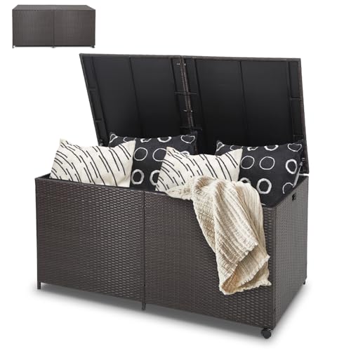 HOMASIS 662L Auflagenbox wetterfest, Gartenbox aus PE-Rattan, Aufbewahrungsbox mit Deckel, 2 Rollen, Abdeckung & Reißverschluss, XXL Kissenbox Gartentruhe Outdoor, 150 x 77 x 73 cm, Braun von HOMASIS