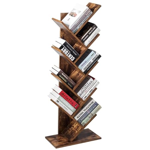 HOMASIS 8 Ablagen Bücherregal Baumform, schmaler Bücherschrank, Vintages Standregal mit Anti-Kipp Vorrichtung, Aufbewahrungsregal für Wohnzimmer & Büro, Dunkelbraun, 51x28x140cm von HOMASIS