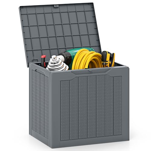 HOMASIS 96L Auflagenbox wetterfest, Gartenbox aus PP-Rattan, abschließbar Aufbewahrungsbox mit Deckel, Gartenmöbel Kissenbox Auflagentruhe Gartentruhe Outdoor, 56x41x50,5 cm (Grau) von HOMASIS