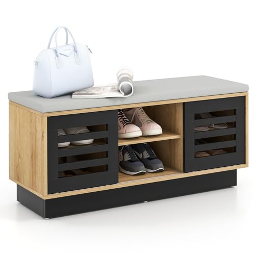 HOMASIS Bank mit Schubladen für Schuhe, Schuhschrank mit gepolstertem Sitz, Truhe mit 3 verstellbaren Einlegeböden und 2 Schiebetüren, Schuhregal aus Holz für Flur, Eingang, 99,5 x 34,5 x 46 cm von HOMASIS