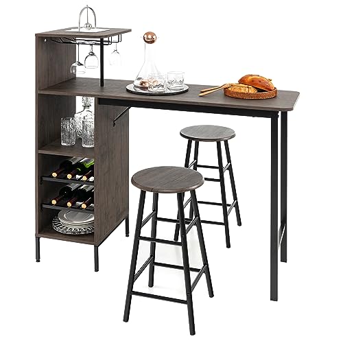 HOMASIS Bartisch mit 2 Barhockern, 3 TLG. Esstisch-Set & 2 Barstühle, Essgruppe mit Getränkehalter & Regal für Gläser, Industrial Bistrotisch & 2 Stühle, Küchentheke aus Stahlrahmen & Holz (Braun) von HOMASIS