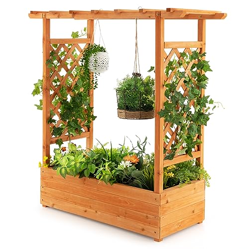 HOMASIS Blumenkasten mit 2 Rankgitter & Dachregal, Hochbeet mit Spalier, Pflanzkasten Pflanzgefäß Holz, Pflanzkübel für Blumen & Kletterpflanz, Rankhilfe für Garten Balkon Terrasse (110x44x113,5cm) von HOMASIS
