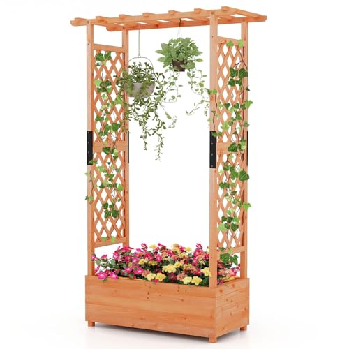 HOMASIS Blumenkasten mit 2 Rankgitter & Dachregal, Hochbeet mit Spalier, Pflanzkasten Pflanzgefäß Holz, Pflanzkübel für Blumen & Kletterpflanz, Rankhilfe für Garten Balkon Terrasse (110x44x182cm) von HOMASIS