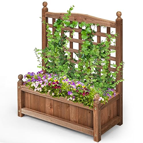 HOMASIS Blumenkasten mit Rankgitter, Hochbeet Gartenbeet Holz mit Spalier & Drainagelöcher, Pflanzkasten für Kletterpflanzen, Pflanzkübel Pflanzgefäß für Balkon Garten Terrasse, 64,5x28x75cm, Braun von HOMASIS