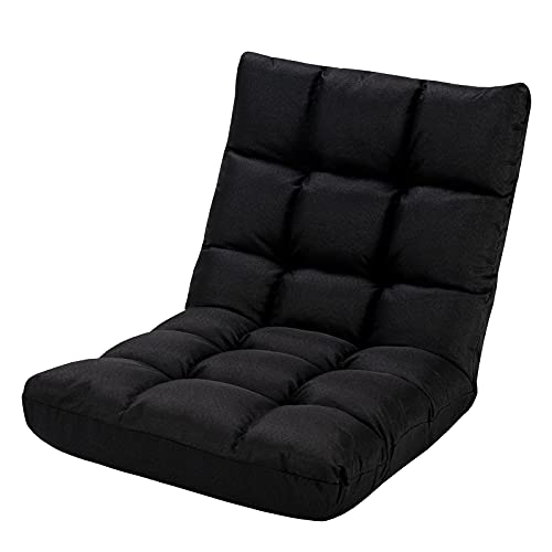 HOMASIS Bodenstuhl gepolstert, Bodensessel mit Verstellbarer Rückenlehne in 14 Positionen, Lesesessel Meditationsstuhl faltbar für Wohnzimmer, Arbeitszimmer, Büro (Leinen, Schwarz) von HOMASIS
