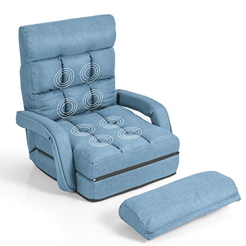 HOMASIS Bodenstuhl mit Schlaffunktion, Klappstuhl in 6 Stufen verstellbar, Schlafsessel mit Armlehnen & Kissen, Einzelsofa gepolstert & klappbar, Bodensofa für Zuhause Büro (Blau) von HOMASIS