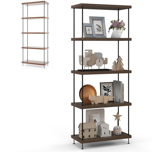 HOMASIS Bücherregal, Vintage Standregal, freistehendes Regal aus Metall & Holz, Aufbewahrungsregal Walnuss, Lagerregal Ausstellungsregal Leiterregal für Wohnzimmer, Schlafzimmer, Büro (5 Ebenen) von HOMASIS