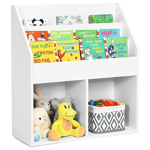 HOMASIS Bücherregal für Kinder, Kinderregal mit 3 Fächern & 2 Ablagen, Bücher- & Spielzeugorganisation Spielzeugregal aus Holz, Holzregal Aufbewahrungsregal für Kinderzimmer, 70 x 30 x 80 cm, Weiß von HOMASIS