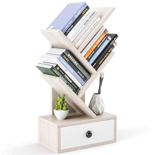 HOMASIS Bücherregal in Baumform, kleines Standregal mit Schublade & 4 Ablageflächen, modernes Holzregal für Bücher, CDs, DVDs, Ablageregal für Arbeitszimmer, Büro, 30 x 17,5 x 60 cm (Beige) von HOMASIS