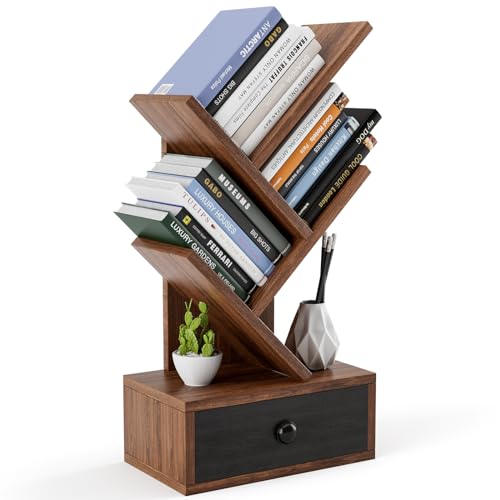 HOMASIS Bücherregal in Baumform, kleines Standregal mit Schublade & 4 Ablageflächen, modernes Holzregal für Bücher, CDs, DVDs, Ablageregal für Arbeitszimmer, Büro, 30 x 17,5 x 60 cm (Braun) von HOMASIS