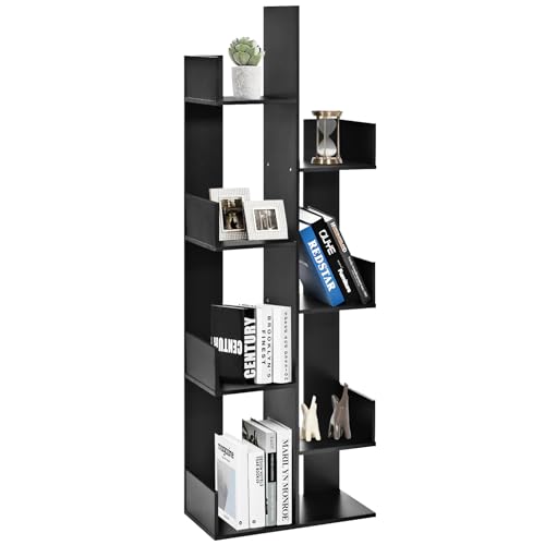 HOMASIS Bücherregal in Baumform, Standregal mit 8 Ebenen, multifunktional Raumteiler Regal mit 8 fächern, Lagerregal Holz, Aufbewahrungsregal für Wohnzimmer Schlafzimmer Büro, 50x25x145cm (Schwarz) von HOMASIS