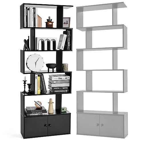 HOMASIS Bücherregal mit 5 Ebenen, Standregal mit Schrank & 2 Türen, Aufbewahrungsregal aus Holz, Wandregal Raumteilerregal Aufsteller für Wohnzimmer, Büro & Arbeitzimmer 70x23x183cm (Schwarz) von HOMASIS