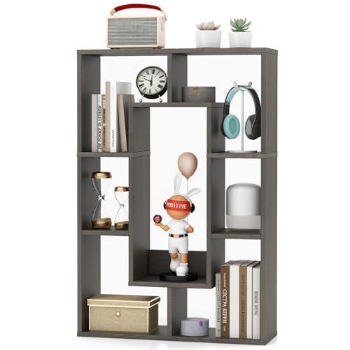 HOMASIS Bücherregal mit 7 Würfeln, Standregal aus Holz, Raumteiler Regal, offenes Würfelregal mit Kippschutz, Aufbewahrungsregal Eckregal für Wohnzimmer, Arbeitszimmer, Büro, 60 x 20 x 90 cm (Grau) von HOMASIS