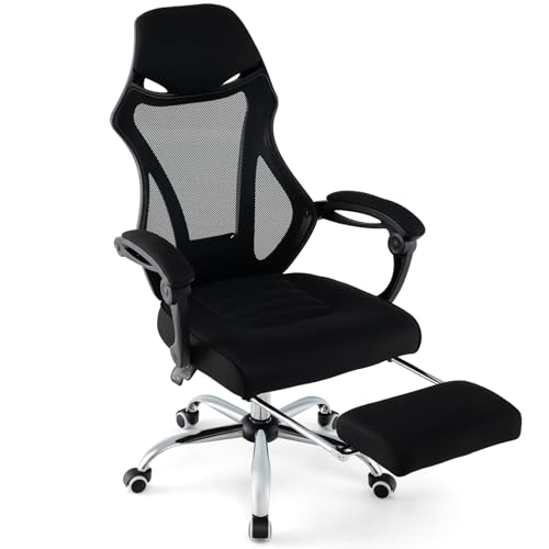HOMASIS Bürostuhl mit einziehbarer Fußstütze, ergonomischer Stuhl, höhenverstellbar und Neigungswinkel von 90 ° bis 135 °, Schreibtischstuhl mit Rollen, Tragkraft 135 kg, Schwarz von HOMASIS