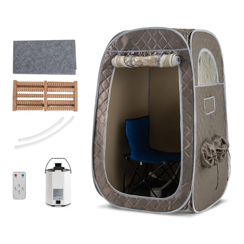 HOMASIS Dampfsauna tragbar, Heimsauna mit Dampfgenerator 3 Liter, Sauna für Zuhause mit Fernbedienung, 9 Temperaturstufen & 9 Timer, Mobiles Saunazelt mit Klappstuhl & Fußmassagegerät (Grau) von HOMASIS