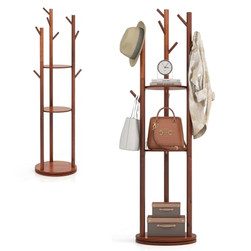 HOMASIS Drehbarer Garderobenständer Holz, Kleiderständer mit 9 Haken & 3 Aalagen, Garderoben für Mäntel, Hüte, Schals & Taschen, Standgarderobe in Baumform für Flur,Wohnzimmer, Schlafzimmer, Walnuss von HOMASIS