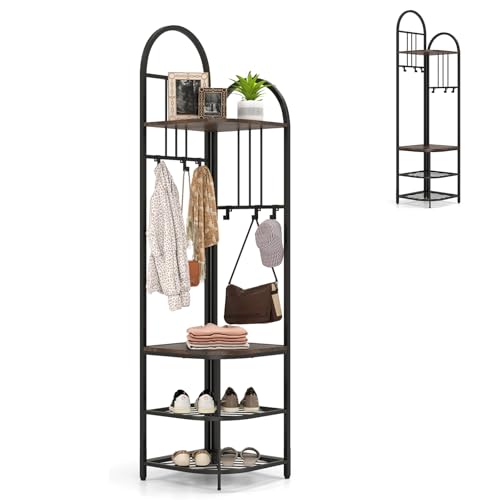 HOMASIS Eck Garderobenständer mit Sitzbank, 3 in 1 Kleiderständer mit 6 Haken & 2 Schuhregal & 2 Ablagen, Metall Garderobe Eckgarderobe Flurgarderobe für Flur, Wohnzimmer, Schlafzimmer (Braun) von HOMASIS