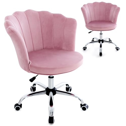 HOMASIS Ergonomischer Bürostuhl mit Rückenlehne in Muschelform, Sessel mit Rollen und höhenverstellbar, gepolsterter Sessel aus Samt, Tragkraft 150 kg (Rosa) von HOMASIS
