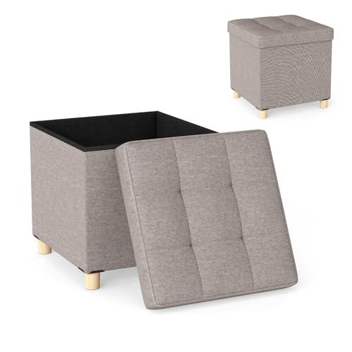 HOMASIS Faltbarer Sitzhocker mit Stauraum & gepolstertem Deckel, Fußhocker aus Leinenstoff, Aufbewahrungsbox für Schlafzimmer, Flur, Wohnzimmer, Hocker Tragkraft 150 kg, 45x45x45cm (Grau) von HOMASIS