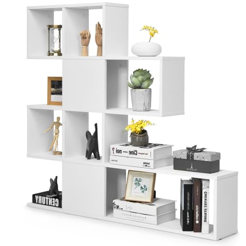 HOMASIS Bücherregal mit 4 Ebenen, Raumteiler Regal mit 10 Würfeln, offen Stufenregal, Treppenregal aus Holz, modern Standregal Organizer Würfelregal für Wohnzimmer, Schlafzimmer, Büro (Weiß) von HOMASIS